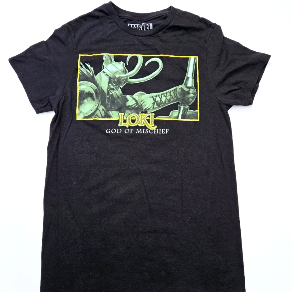 Marvel Loki God of Mischief Graphic T-Shirt Black Short Sleeve Unisex Size Small